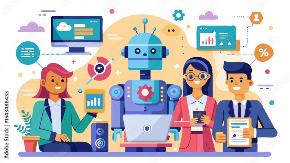 Poster business team collaborating with ai robot for data analysis and strategy isolated on white backgroun