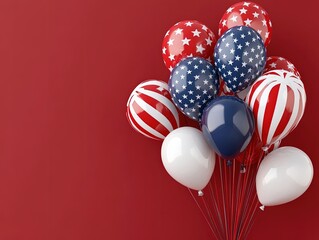 patriotic american flag balloons cluster – red, white & blue shiny balloons with stars & stripes on red background