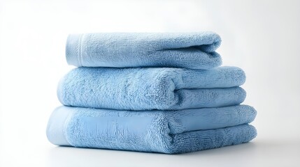 A neatly folded stack of two plush blue towels placed on a clean white surface