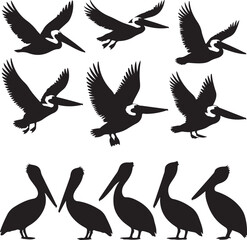 Obraz premium Pelican Standing on Pier SilhouetteFlying Pelican Over Water Vector DesignPelican with Open Beak Silhouette ArtCoastal Pelican Resting Scene VectorPelican in Flight Silhouette Illustration