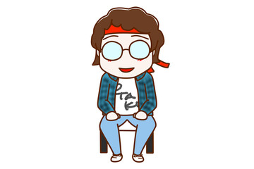 （全身正面）椅子に笑顔で姿勢よくきちんと座るメガネをかけたオタク