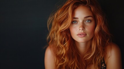 Naklejka premium This striking image showcases a red-haired woman with freckles, exuding beauty and confidence against a dark background, capturing raw emotion and depth.