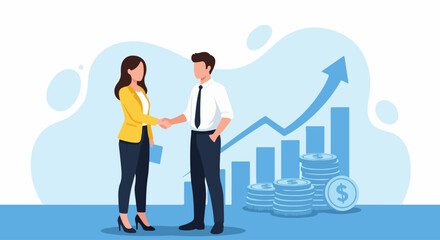 Flat Design Illustration of Young Businesswoman and Businessman Shaking Hands in Front of Financial Growth Chart and Coin Stacks Representing Successful Partnership and Economic Progress
