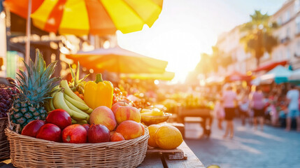 Naklejka premium Summer Harvest: Fresh Fruit and Vegetable Display at Outdoor Market