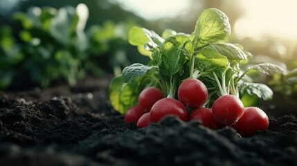 Vibrant red radishes sprout from dark, fertile soil, basking in sunlight, highlighting the beauty of nature and the rewards of gardening and nourishment.