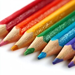 A collection of colored pencils arranged in a rainbow-like gradient. Each pencil features a vibrant hue, and their tips are precisely sharpened