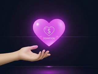 Dark mode background generative ai image with glowing heart symbol, outstretched hands, elegant donation icon, minimal lines and gradients