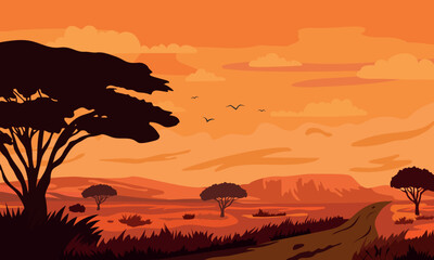 African savannah sunset landscape. Nature panorama.
