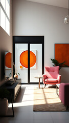 Minimalist interior design of modern living room Stylish modern room featuring a pink armchair abstr