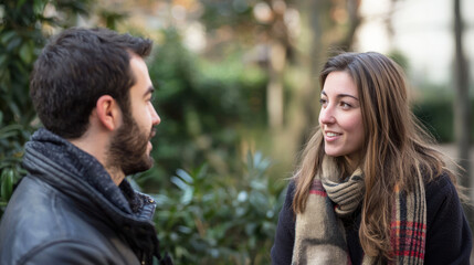 Fototapeta premium A man and a woman standing in a park, wearing winter clothing, with green and brown leaves in the background.