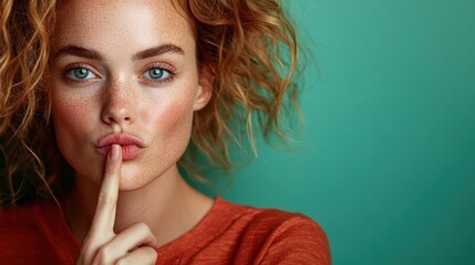 Naklejka premium A captivating portrait of a woman with curly hair playfully placing her finger on her lips, evoking mystery, allure, and the theme of secrets in a vivid, colorful setting.