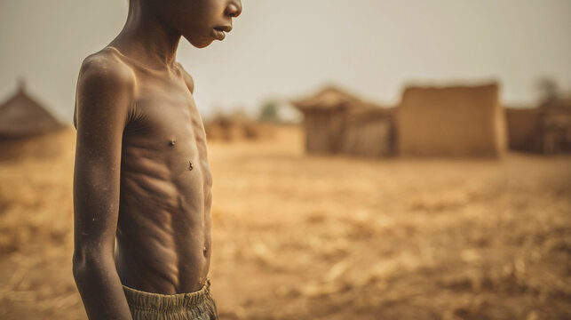 A malnourished child suffering from severe stomach problems caused by hunger  malnutrition and a humanitarian crisis.