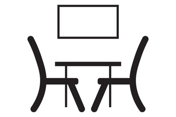 Meeting room presentation, and logo design. Icon for Conference room. Icon Illustration featuring a conference room setup with table, chairs, and a presentation screen for business meetings.