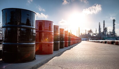 Oil barrels lined up on a paved area outside an industrial plant, under a bright sky