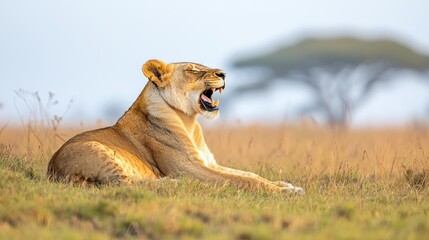 Lioness yawns in golden savanna