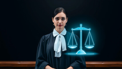 Confident Young Woman Judge in Robe with Digital Glowing Scales of Justice Symbolizing Legal Law Technology and Business Justice
