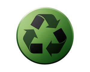Glossy green circular badge with black three arrow recycling symbol isolated on transparent background, png