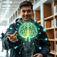 Young Man Presenting Digital Brain Artificial Intelligence Technology Innovation Science Future Learning Neural Network AI Concept Illustration