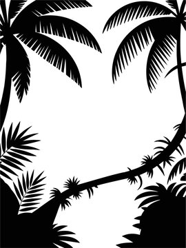 Tropical frame made of palm trees and exotic leaf silhouettes. Bold black border design perfect for summer, beach, vacation, jungle, or tropical-themed creative projects