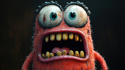 Close-up of a monstrous, furry creature with wide, frightened eyes and a gaping maw. 