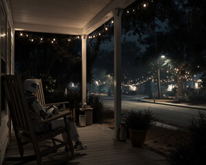 Robot relaxing on a cozy front porch at night under string lights, surrounded by trees and a quiet suburban street.
