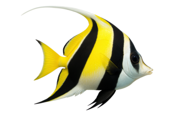 Tropical reef fish with yellow and black vertical stripe pattern, isolated on transparent background