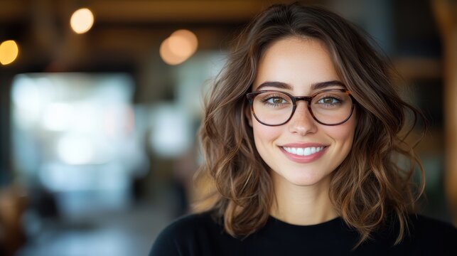 A cheerful young woman with curly hair and glasses smiles warmly, set in an inviting environment that reflects creativity and connection, radiating positive energy.