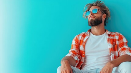 A stylish young man in sunglasses relaxes against a bright blue backdrop, exuding confidence and a laid-back vibe, perfect for lifestyle or fashion-related stock image needs.