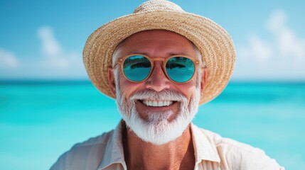 An older man with a cheerful smile and a full beard, wearing sunglasses and a straw hat, enjoys a sunny day by the beach, radiating happiness and carefree summer vibes.