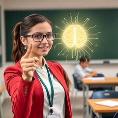 Young Woman Teacher with Glowing Brain Graphic Education Technology AI Learning Intelligence Future Concept