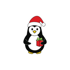 a penguin in a santa hat holding a small present  