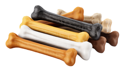 Dog chew bone isolated on transparent background with variety color and texture