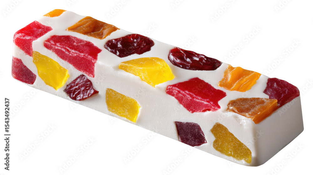 Poster soft nougat bar isolated on transparent background with colorful dried fruit pieces embedded
