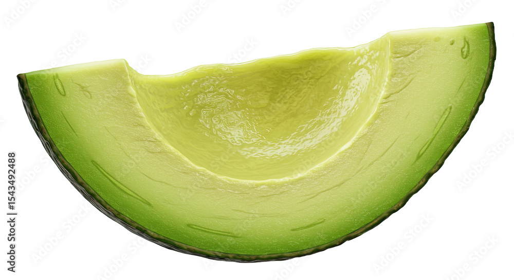 Poster A realistic close-up of a fresh avocado slice with a pit cavity on black background