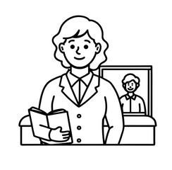  line art illustration of teacher in classroom on white back round