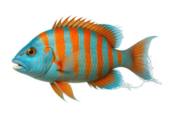 Fototapeta premium Blue tropical reef fish with bold orange vertical stripe pattern, isolated on transparent background