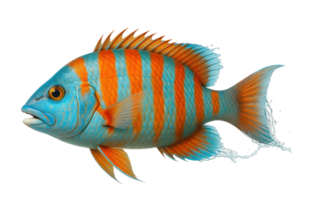 Blue tropical reef fish with bold orange vertical stripe pattern, isolated on transparent background