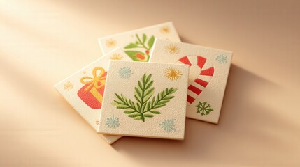 Square tiles depict Christmas theme images. Festive holiday art, decoration, pattern, celebration season