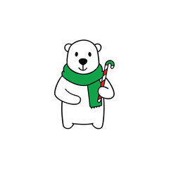 a polar bear in a green scarf holding a candy cane