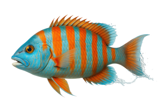 Blue tropical reef fish with bold orange vertical stripe pattern, isolated on transparent background