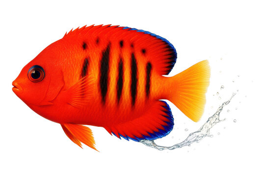 Flame angelfish with vivid red-orange body and vertical black stripes, isolated on transparent background