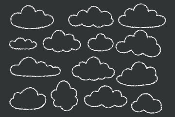 Chalk pencil outline cloud set on black background