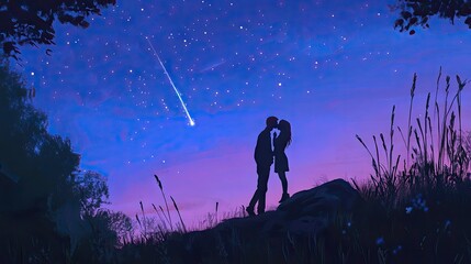 3d rendering Romantic Couple Silhouette Under a Starry Night Sky with Shooting Star AI Generative