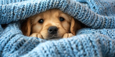 A small golden retriever puppy peeks out from under a soft blue knitted blanket
