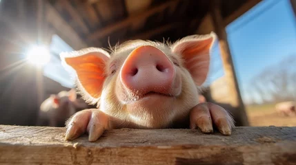 Fotobehang Dierenarts The adorable face of a piglet peeks over a wooden railing, showcasing its soft features and cheerful demeanor against a sunlit barn backdrop, representing innocence and farm life.  © Larisa AI