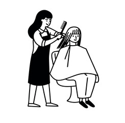 line art illustration of hair stylist at work on white backround