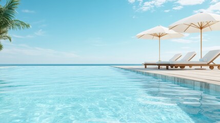 Fototapeta premium Tranquil poolside scene featuring sun loungers, umbrellas, and azure waters showcases relaxation and leisure among a beautiful tropical setting.