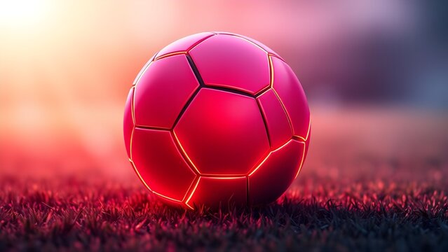 Abstract neon red soccer ball on the field