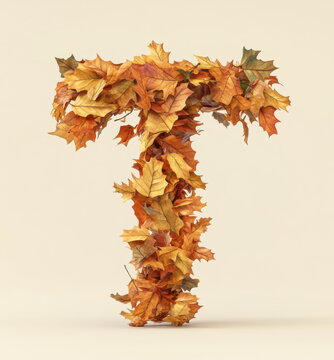 The letter "T" is made of falling autumn leaves