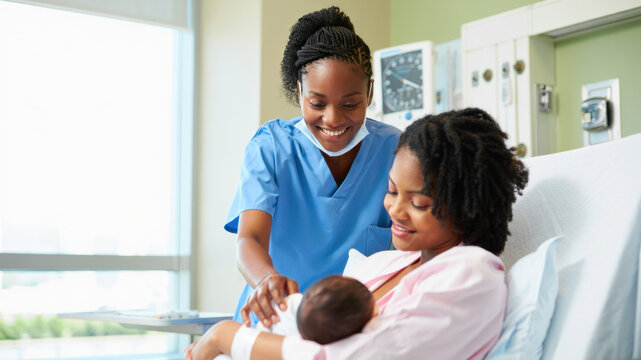Nurse assisting mother breastfeeding newborn in hospital maternity ward, World Breastfeeding Week and postpartum care